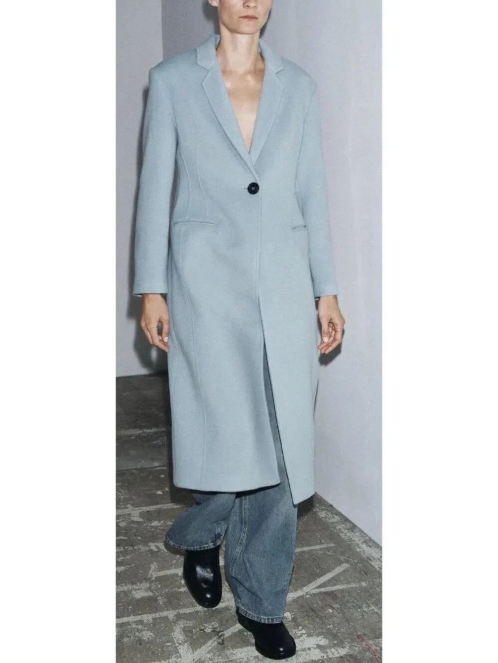 Zara Womens Long Coat XS Sky Blue Wool Collection Italian Fabric 8882/805 NWT